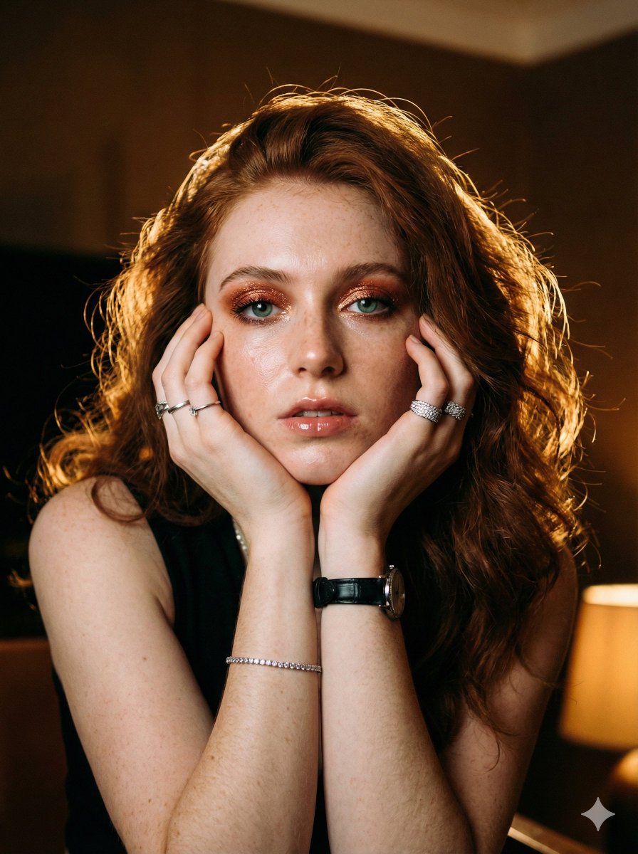Immersive Warm Light Auburn Freckled Close Up