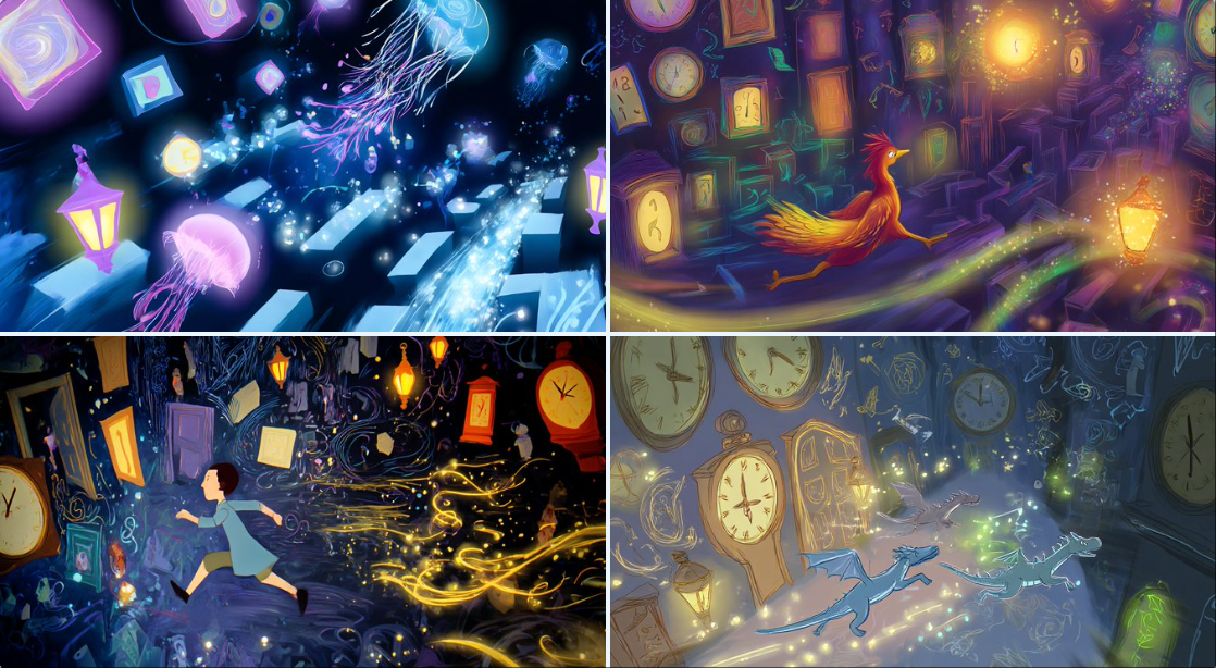 Character Sprinting Past Dream Elements Storybook Illustration Maze of Floating Doors
