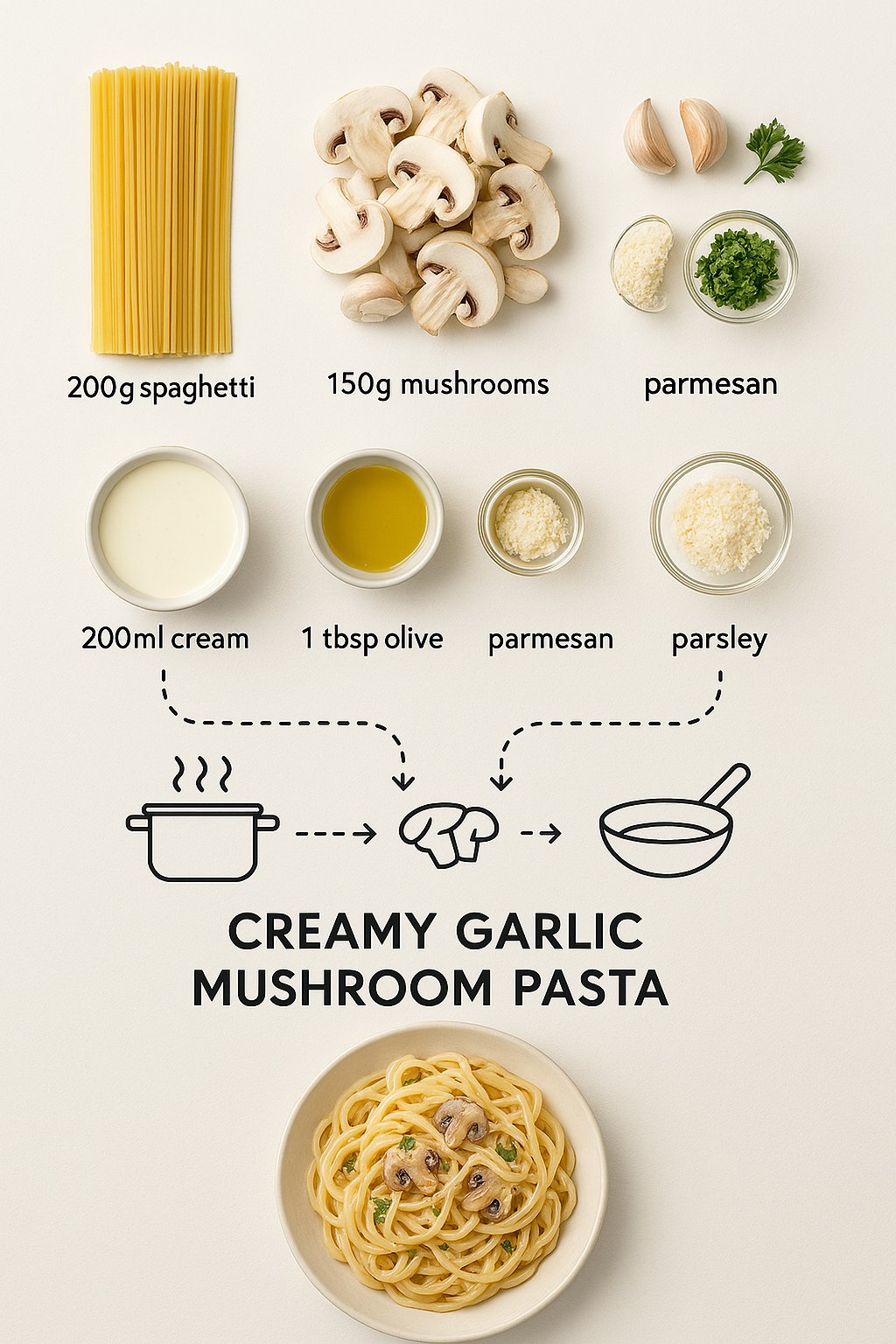 Step-by-step Recipe Infographic for Creamy Garlic Mushroom Pasta Top-down View Minimal