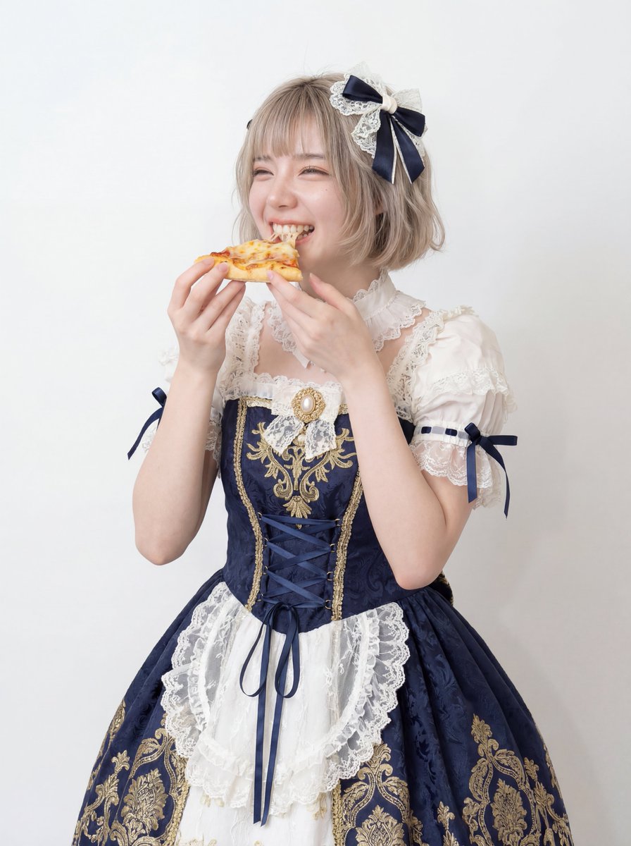 Portrait of a woman Eating Pizza Fashion Studio