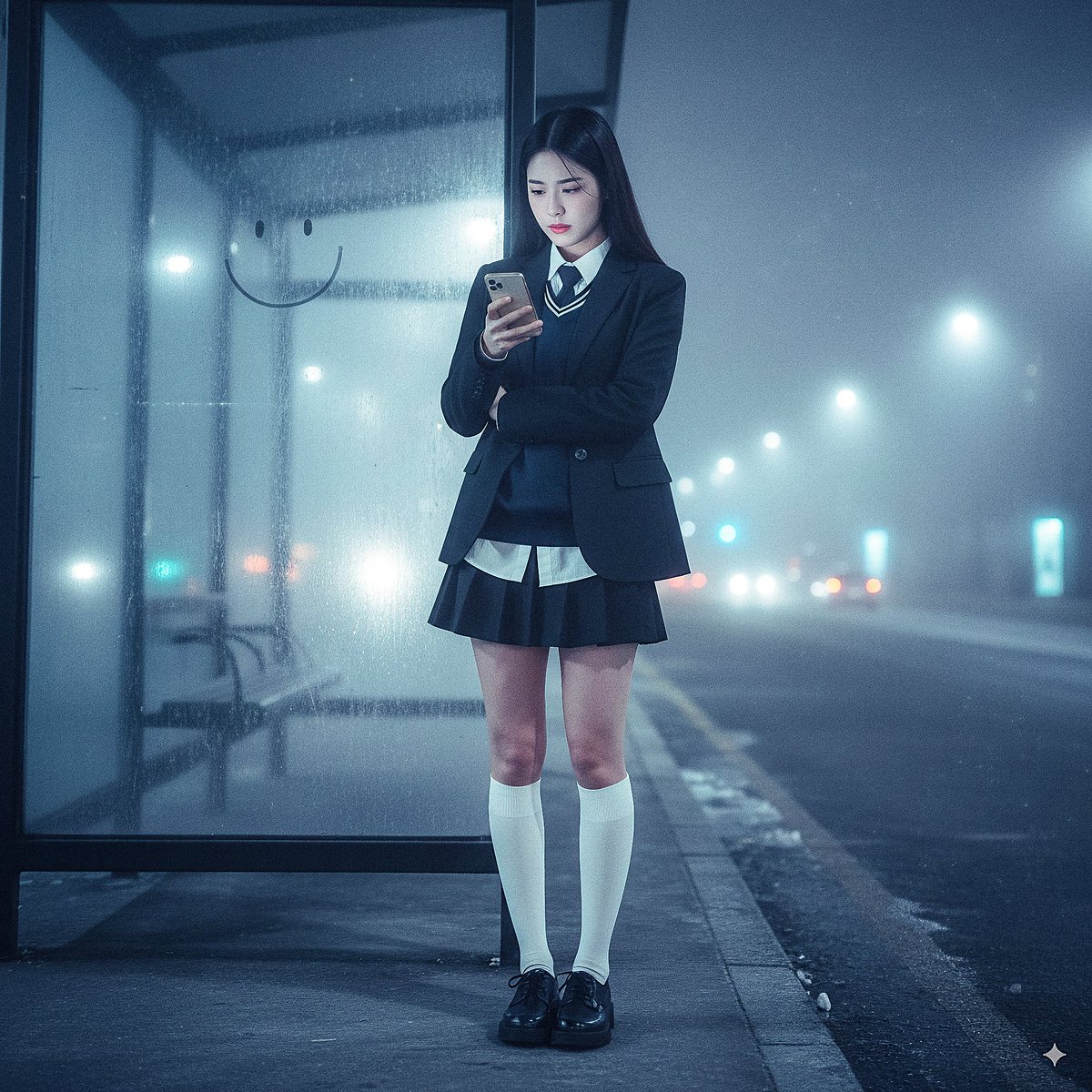 Description a Hyper-realistic 4K Full-body Night-time Portrait of a 23-year-old Korean