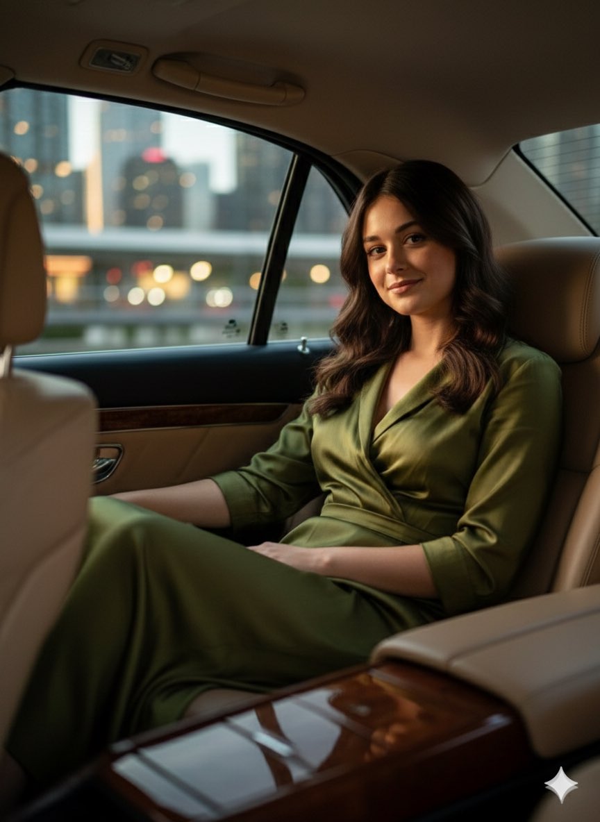 Elegant Olive Gown Luxury Car