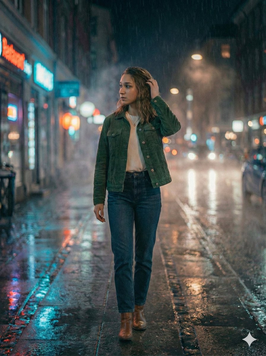 Rainy Neon Street Realistic Cinematic Girl