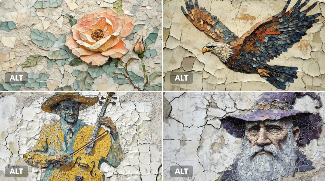 Mosaic Mural of a Subject Crafted From Chipped Ceramic and Glass