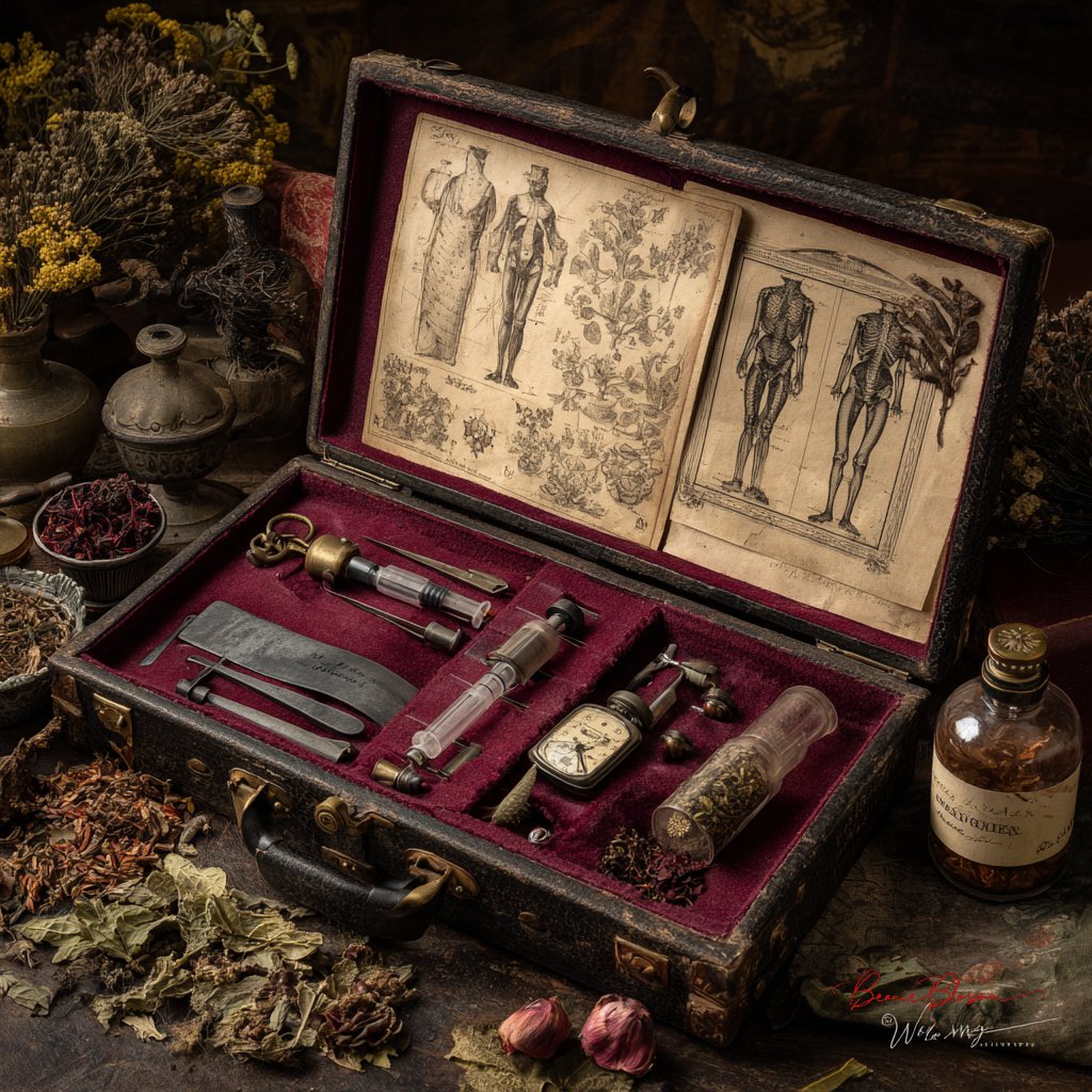 Victorian Surgeon's Medical Kit Laid Open on Aged Leather