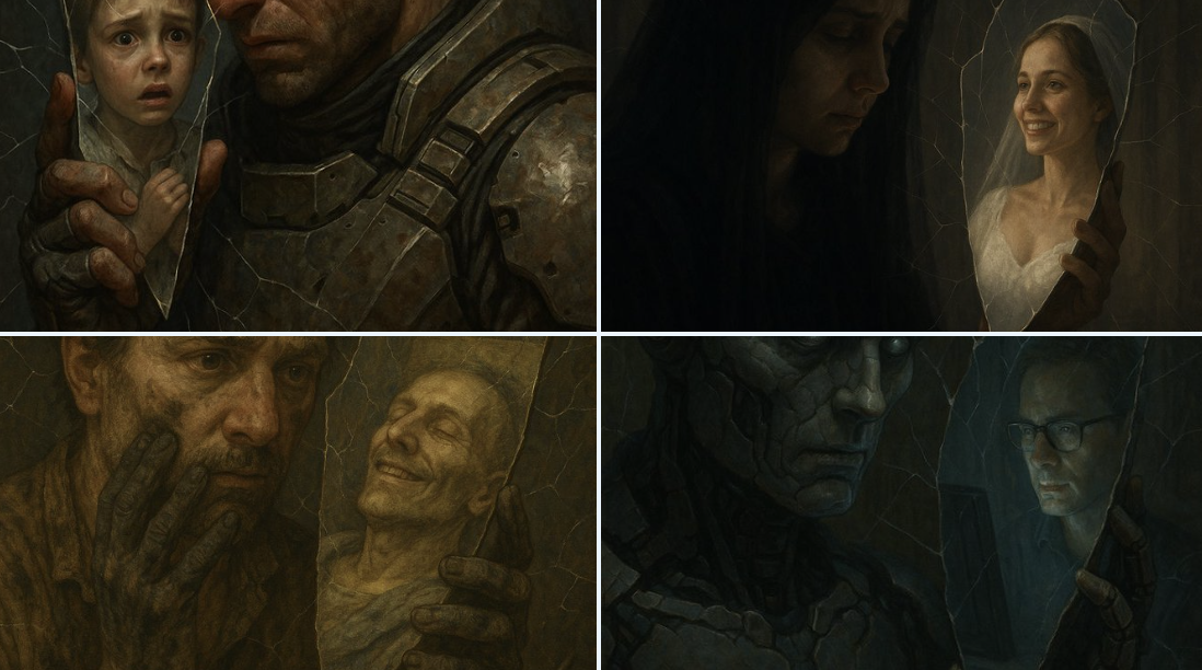 Close-up of SUBJECT 1 Holding a Mirror Shard to Their Face
