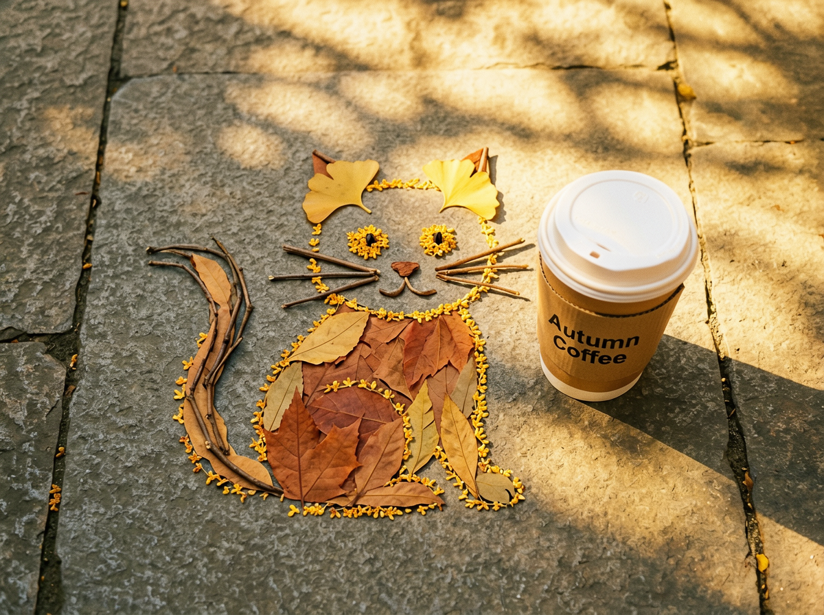 Cat Pattern Made of Autumn Leaves