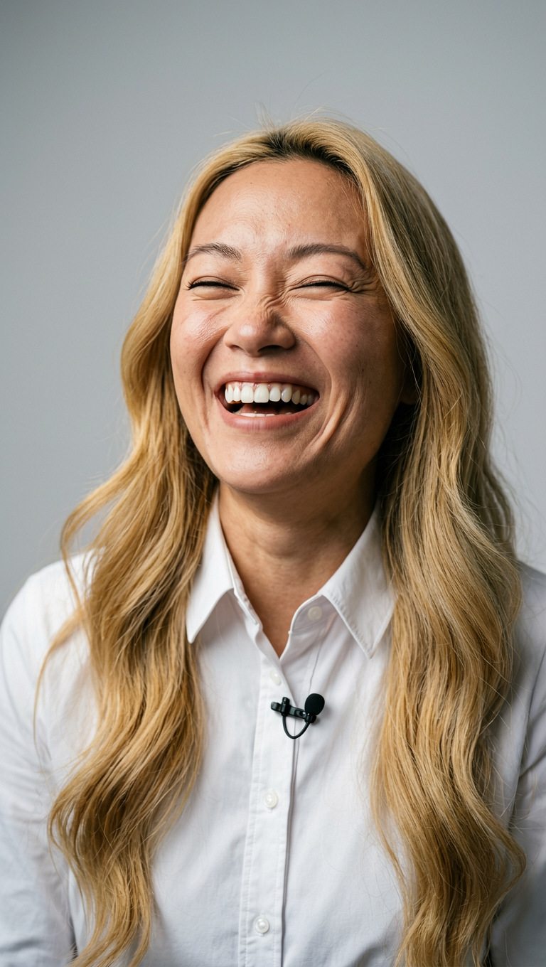 Blonde Woman Laughing Studio Portrait