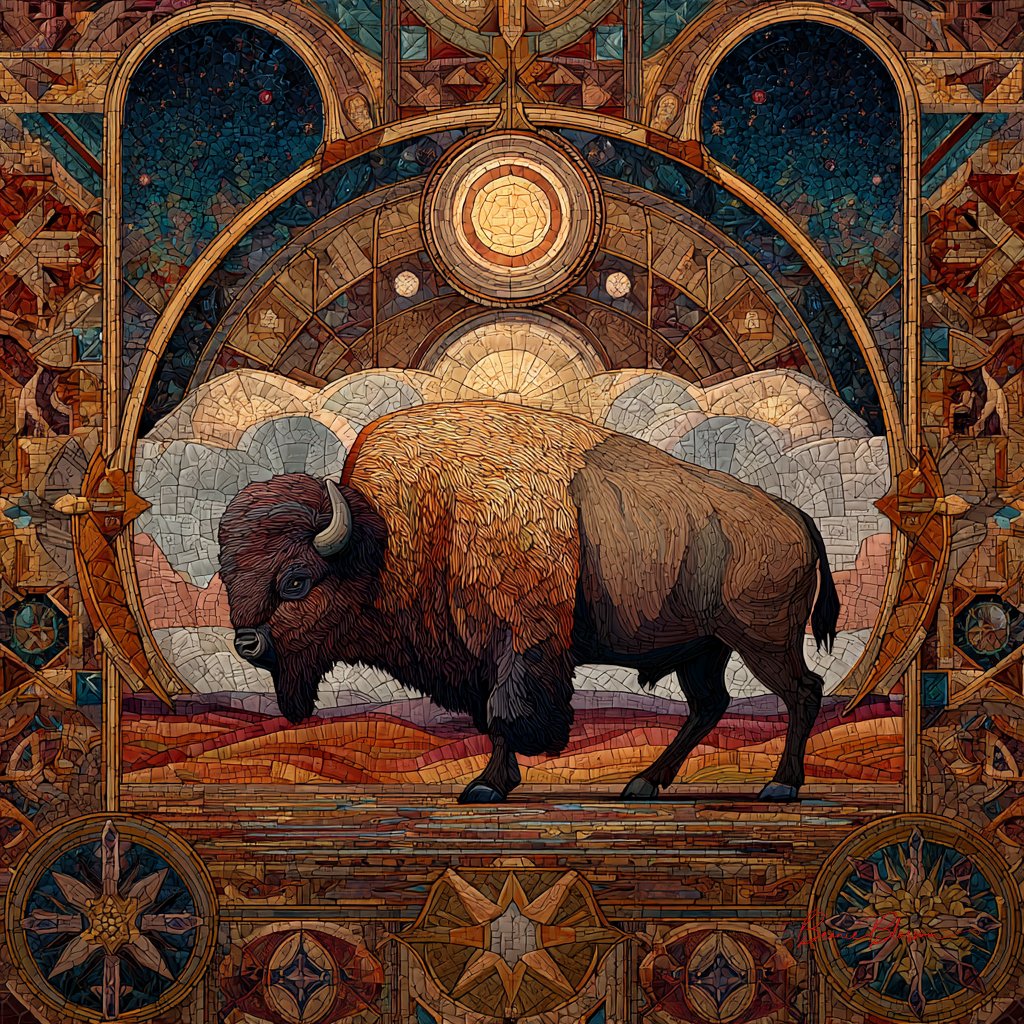 Bison in the Center of an Array of Colorful Geometric Shapes