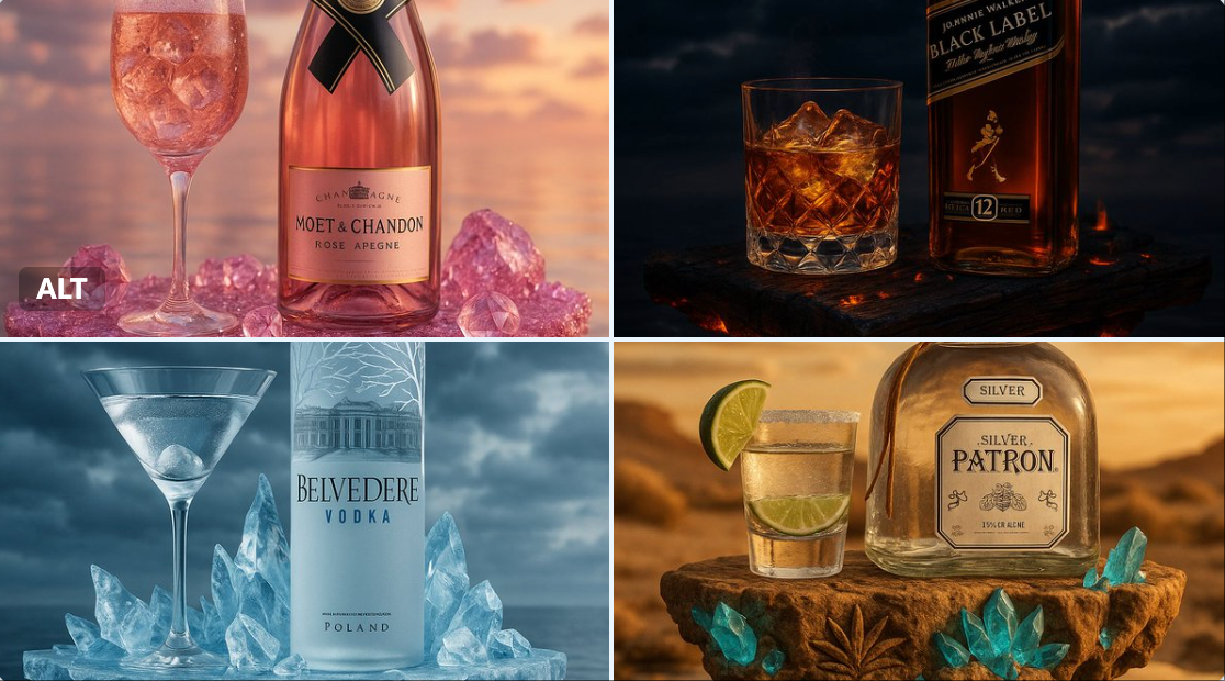 Highly Detailed Cinematic Advertisement Scene Featuring TYPE of ALCOHOL BRAND Standing