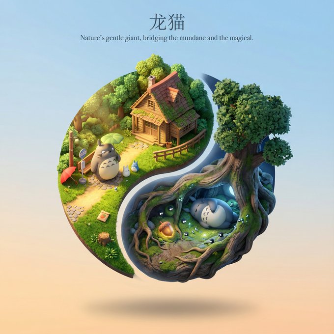Clear Floating Cute 3D Cartoon Diorama Scene in a Circular Composition