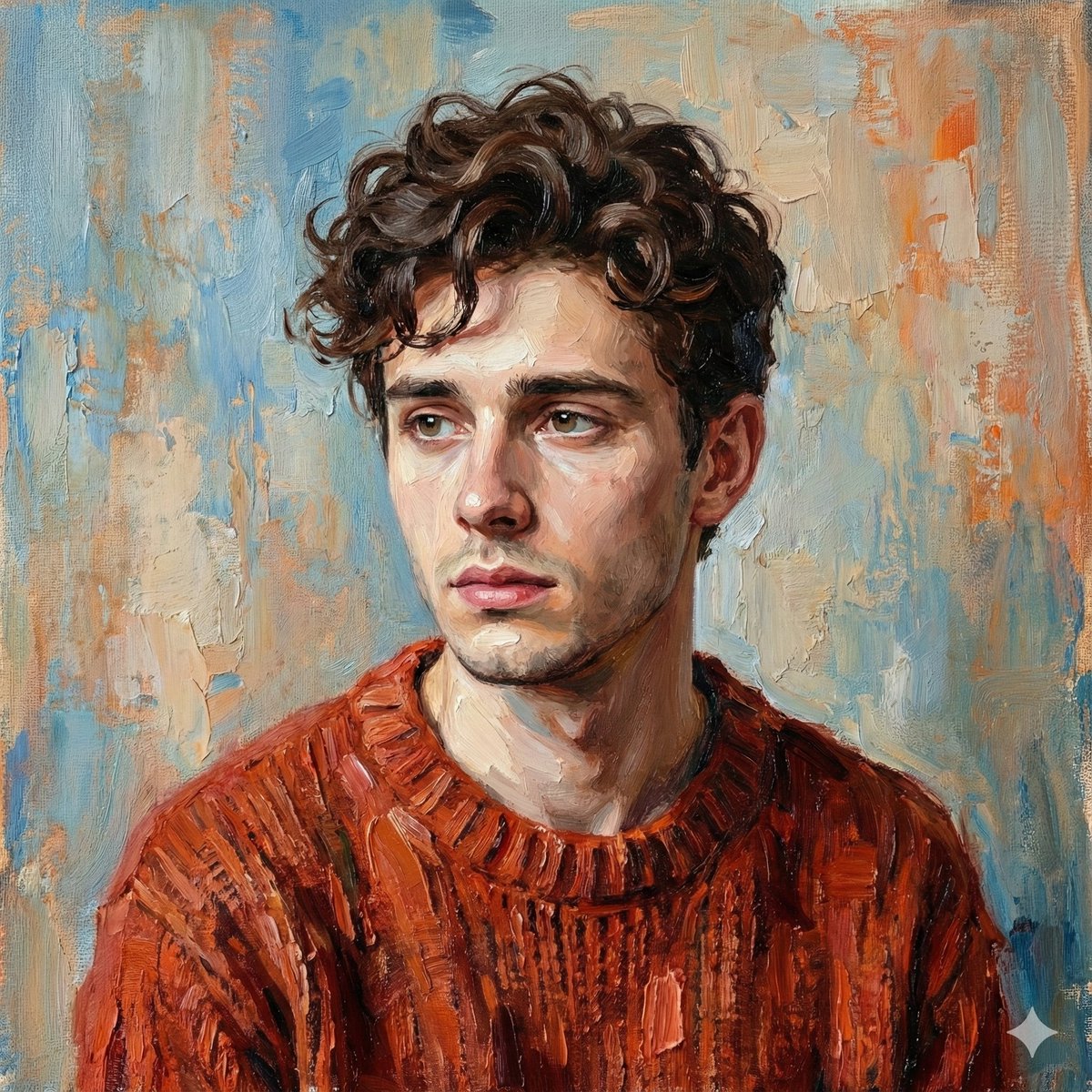 Digital Oil-painted Bust Portrait of a Slender Young Man Late Teens/early