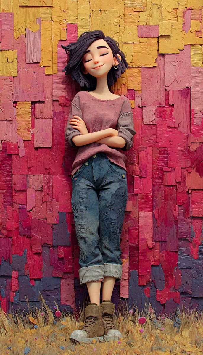 Stylized 3D Animated Young Woman Leaning Against a Textured Abstract Wall