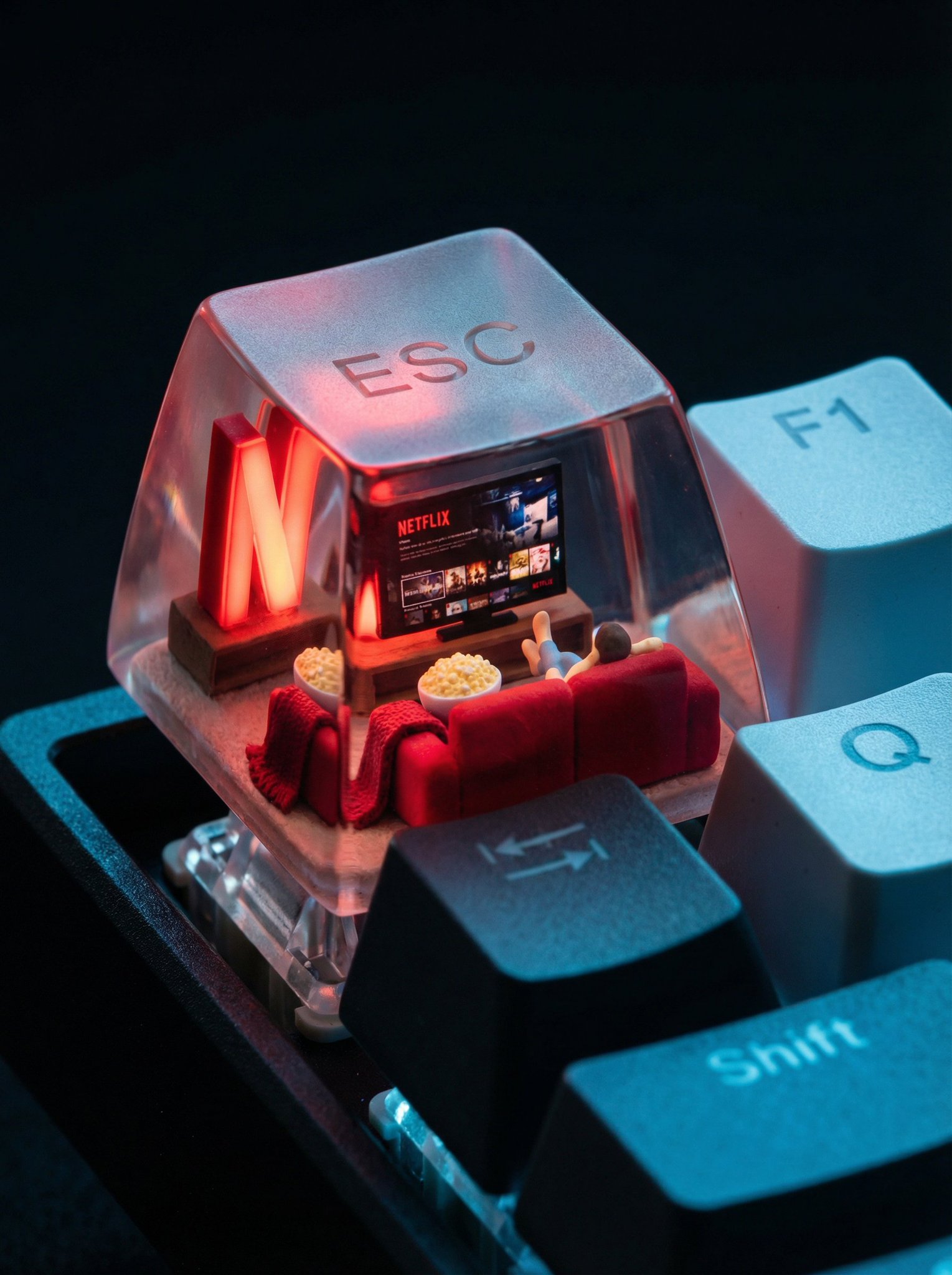 Photorealistic ESC Keycap Scene Shows a Miniature Cozy Living Room Setup