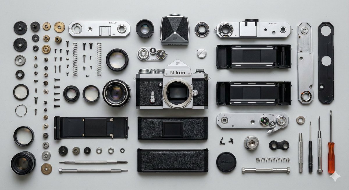 Knolling Photography Disassembled Parts of a Vintage Film Camera Neatly Arranged