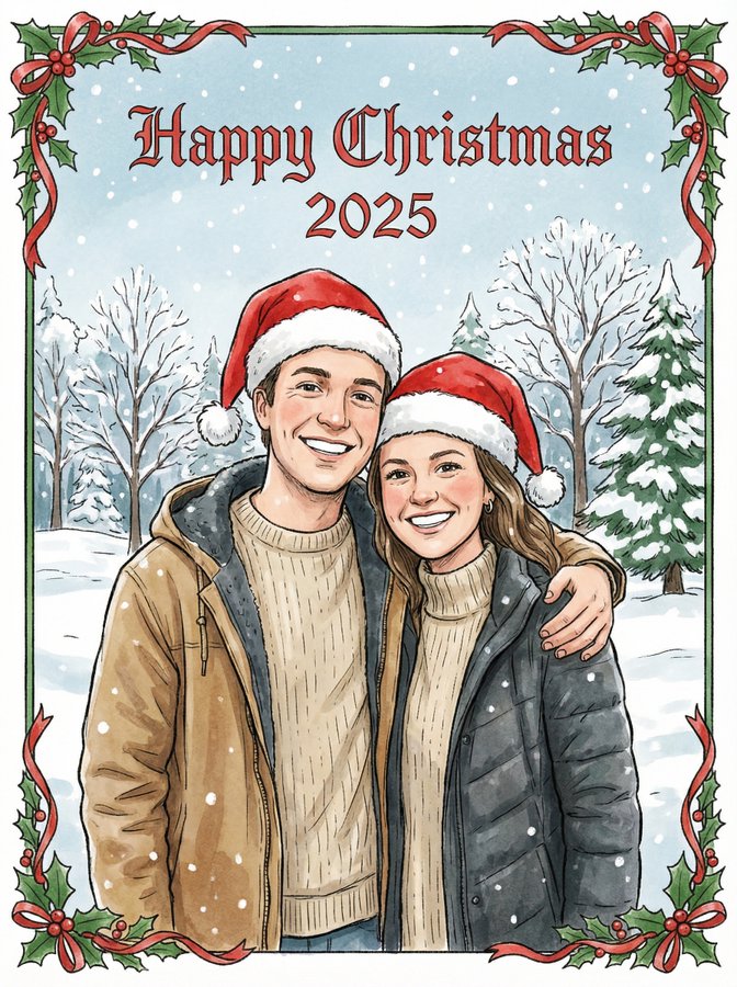 Faithfully Illustrated Christmas Card Design Featuring the Couple in Christmas Hats