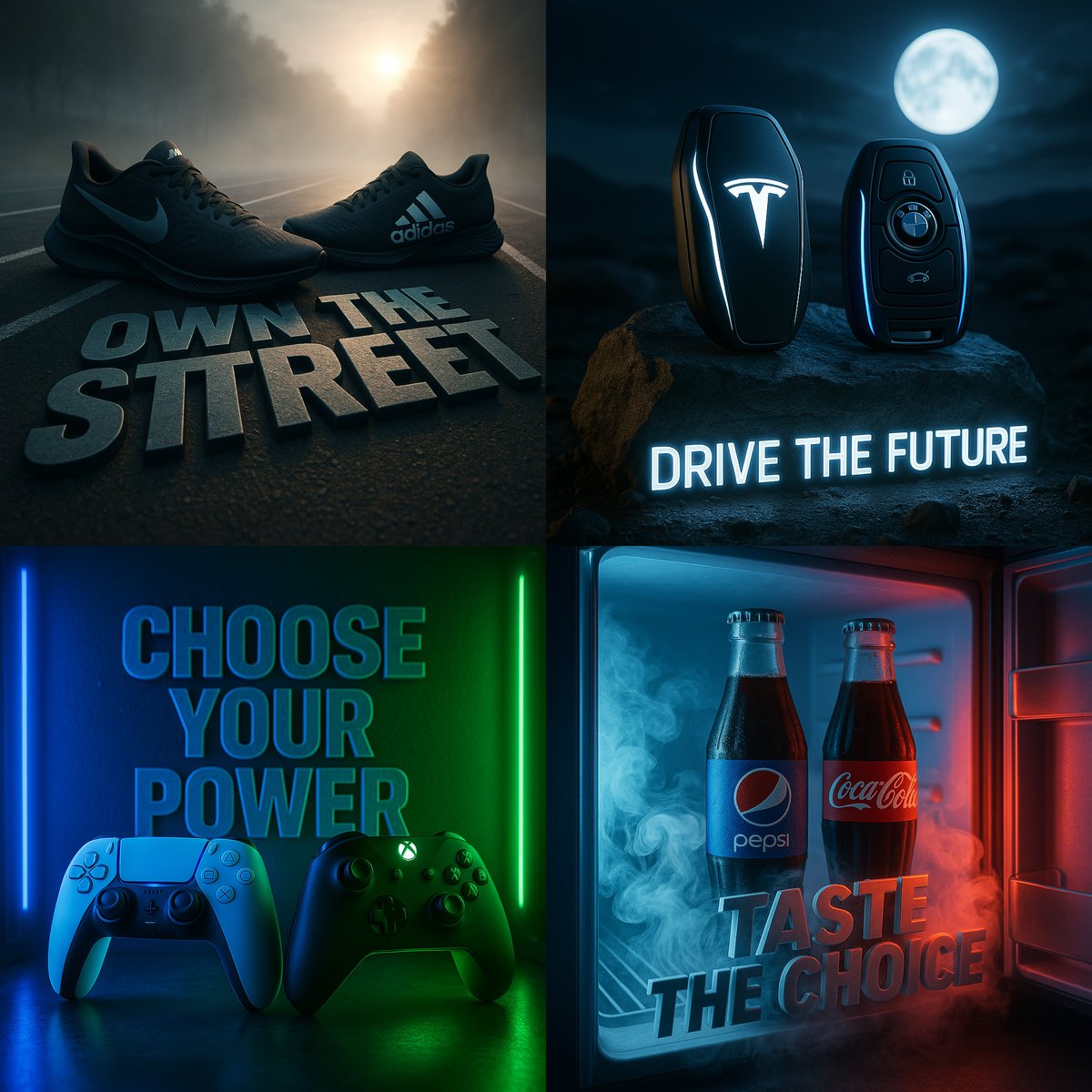 Dramatic Cinematic Scene Featuring Two Rival Products Placed Side by Side