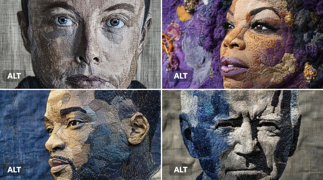 Embroidered Portrait of Subject Colors Thread on Deep Linen Fabric