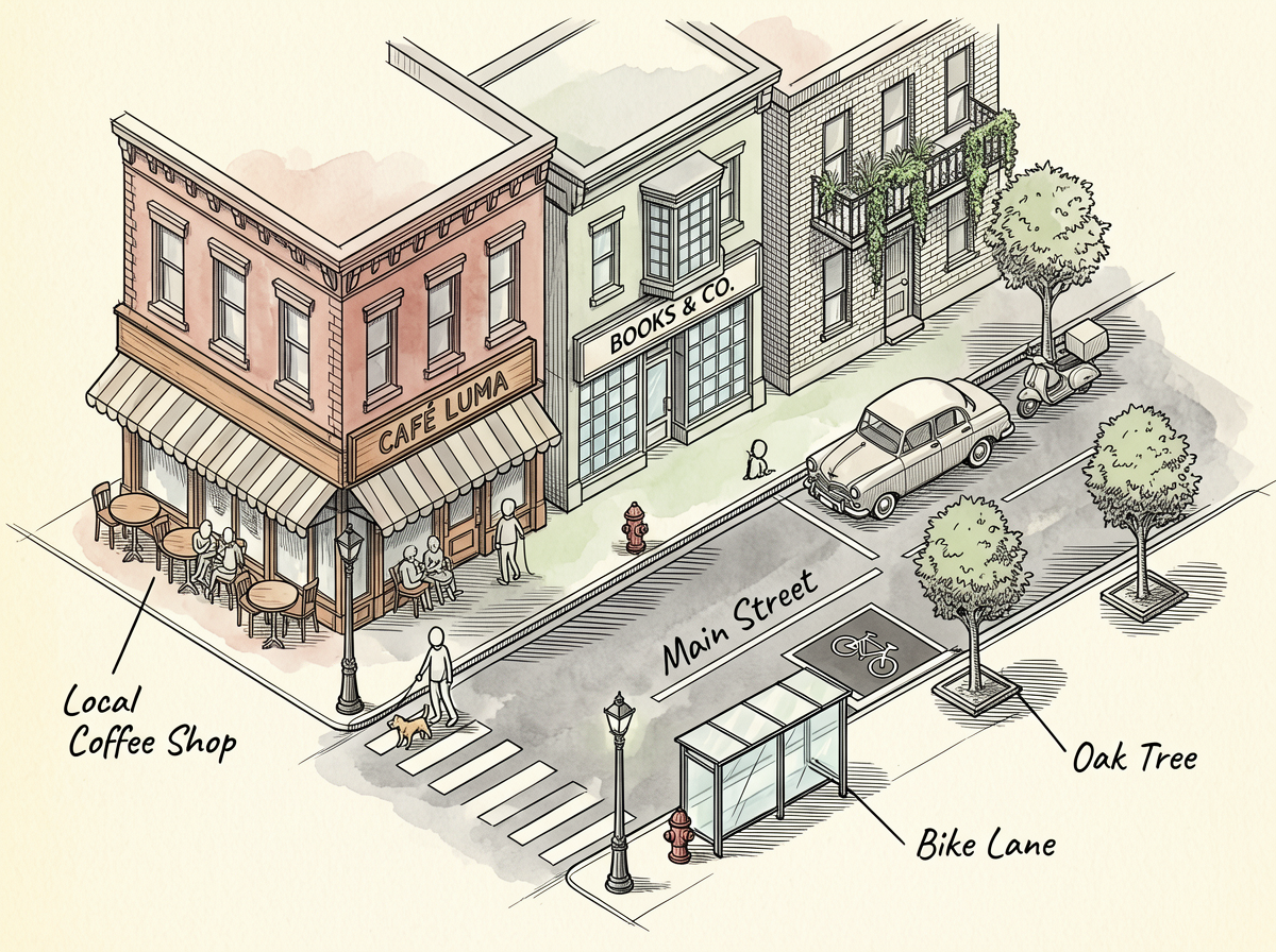 Hand-Drawn Isometric City Street Illustration