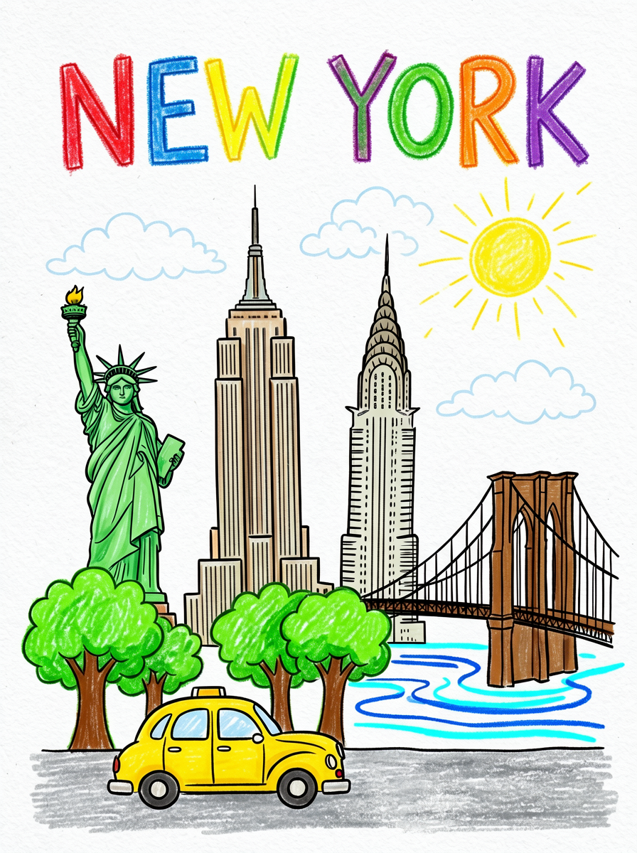 Crayon Hand-Drawn New York City Illustration