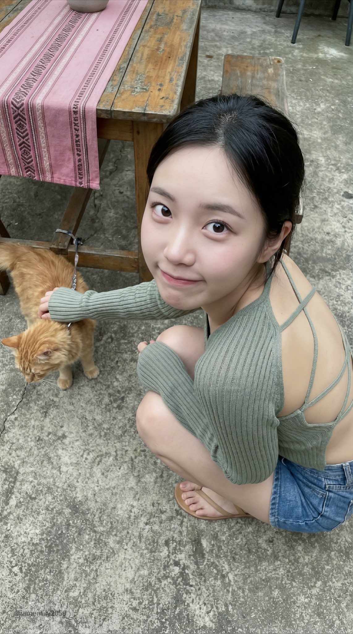 Young Asian Woman Crouching in a Concrete Courtyard