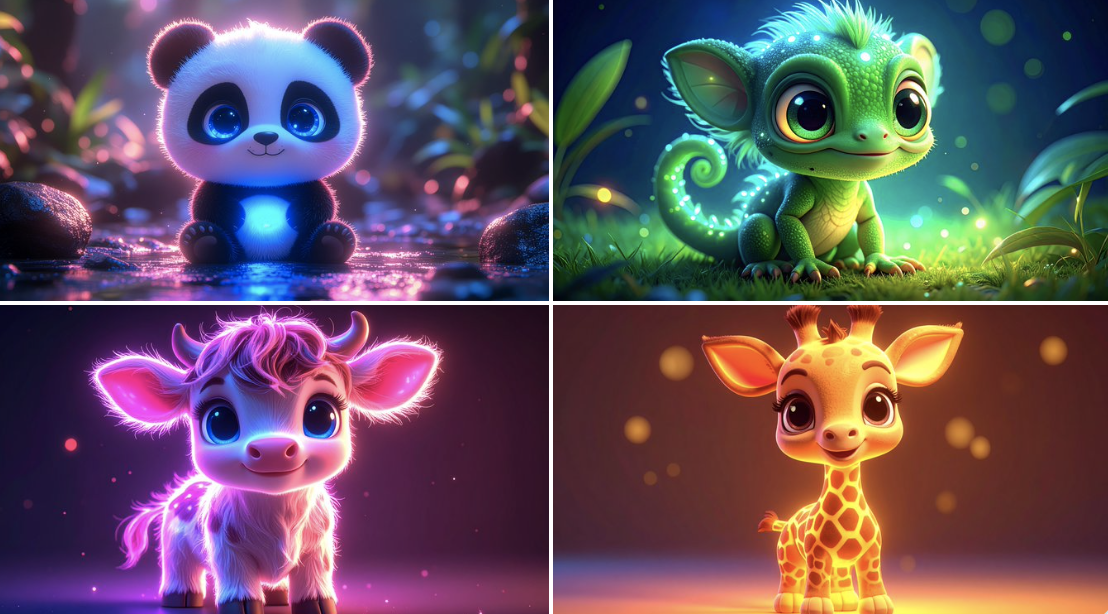Bioluminescent Cute ANIMAL Kawaii Chibi COLOR Neon Backlit 3d Cartoon Big