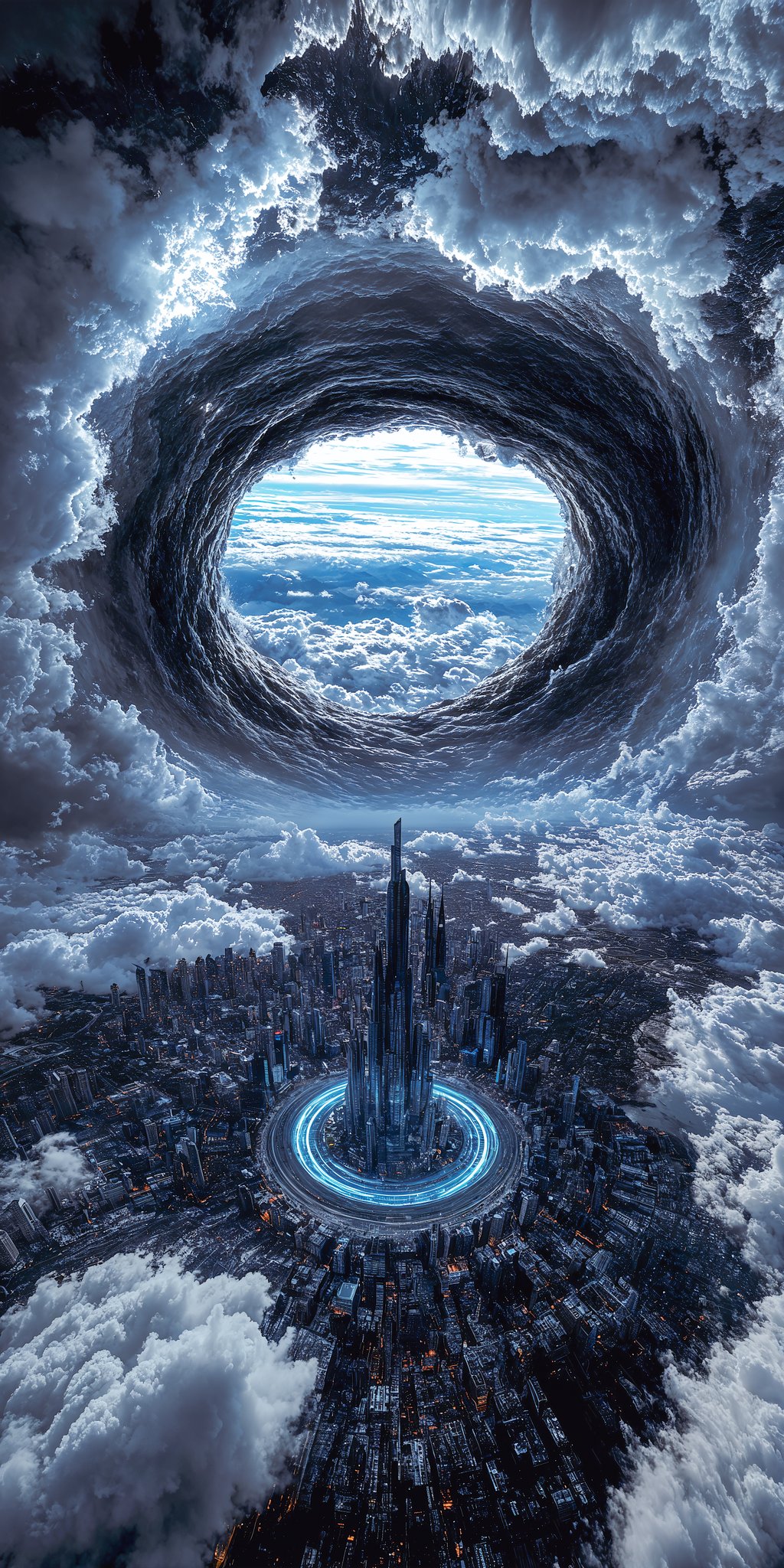 Massive Spiral Vortex Tears Through Storm Clouds Above a Futuristic Illuminated