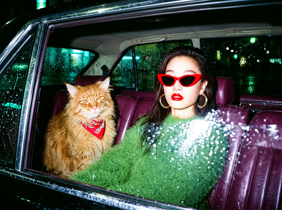 Woman & Cat Behind Rainy Car Window