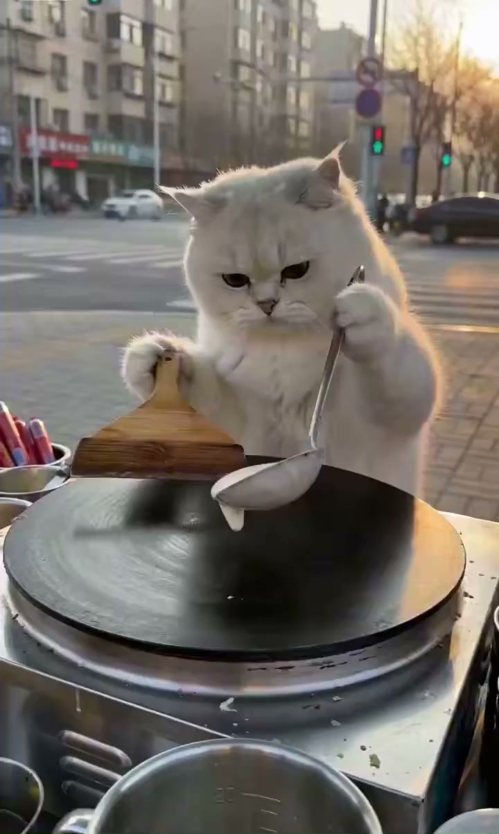 Cat Chef Making Crepes at Street Corner