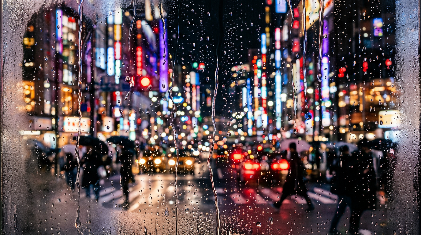 Urban Night View Through Raindrop Glass