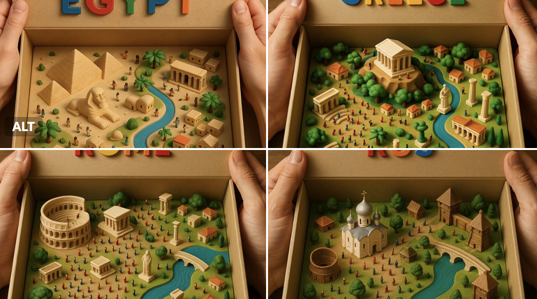 Ultra-realistic Top-down Photograph of a 3D-printed Diorama Inside a Beige Cardboard