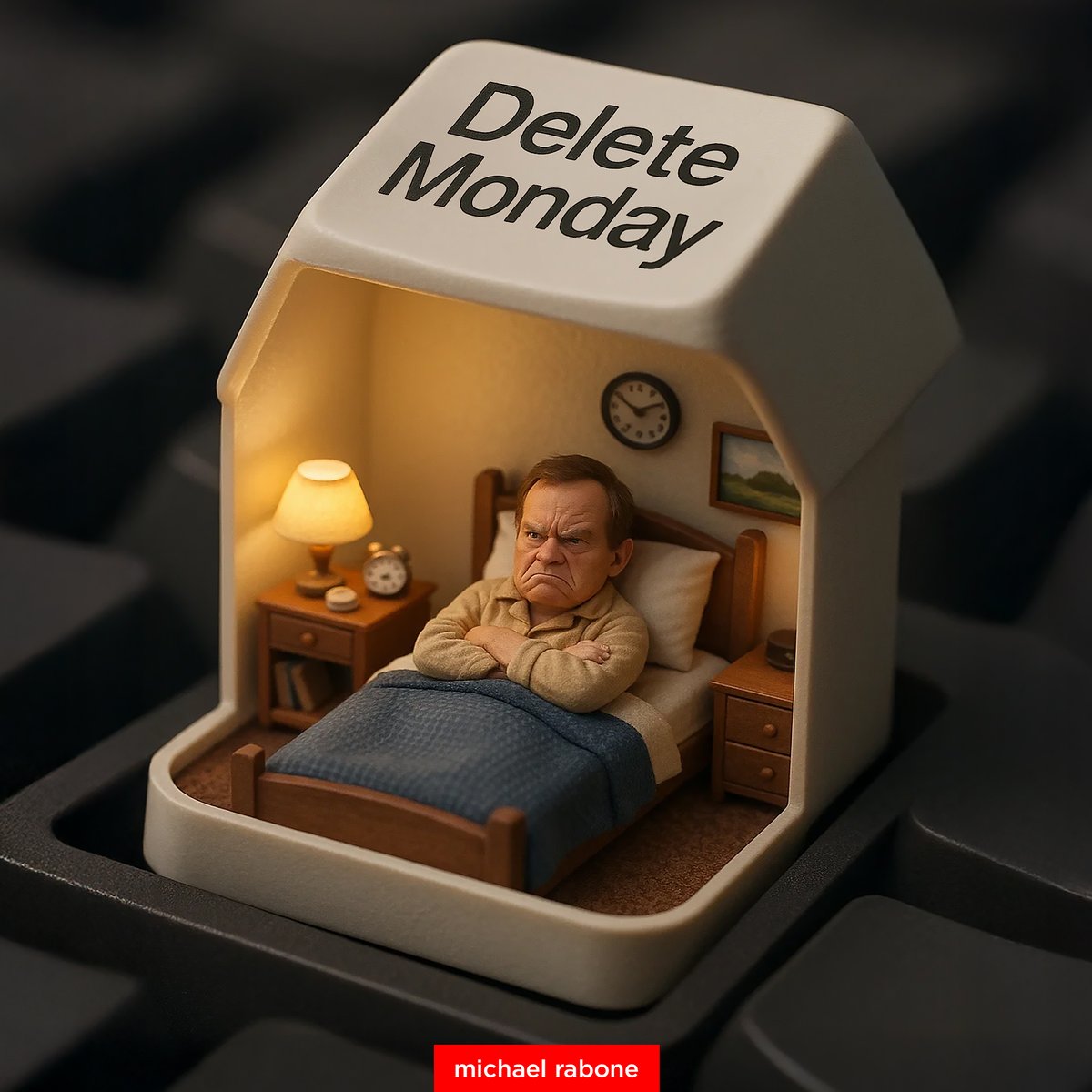 Detailed Photographic Image of a Miniature Person in Bed Feeling Cranky