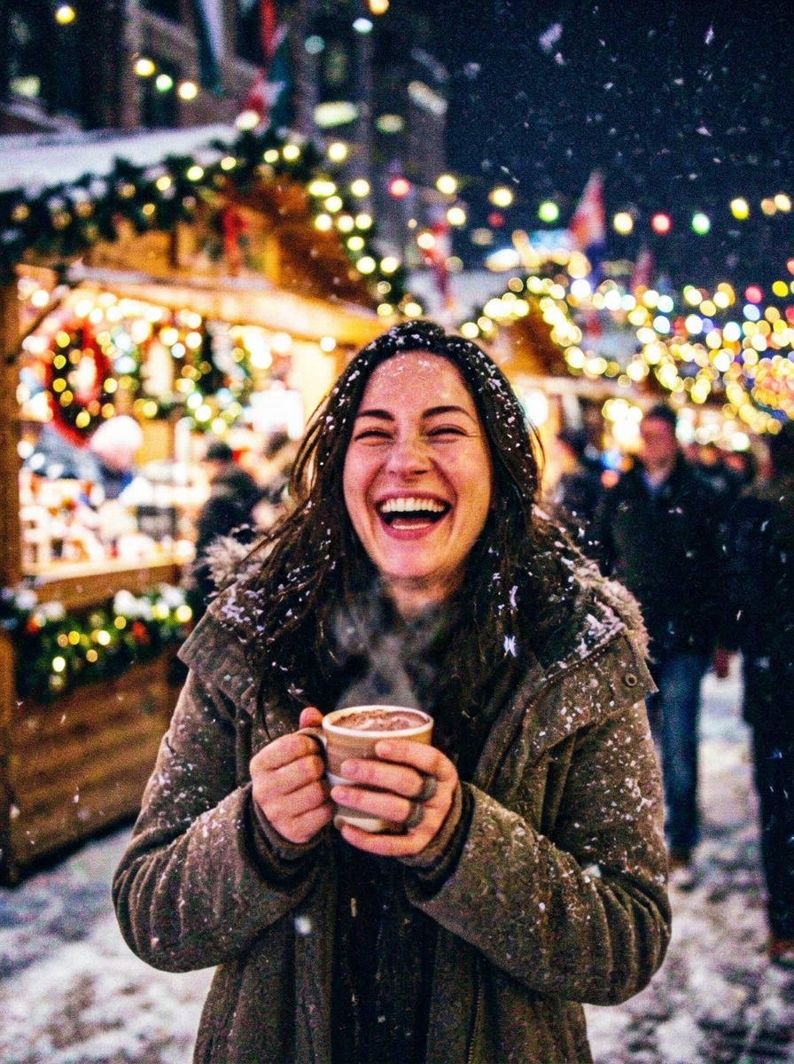 Christmas Market Snowy Night Cocoa Girl