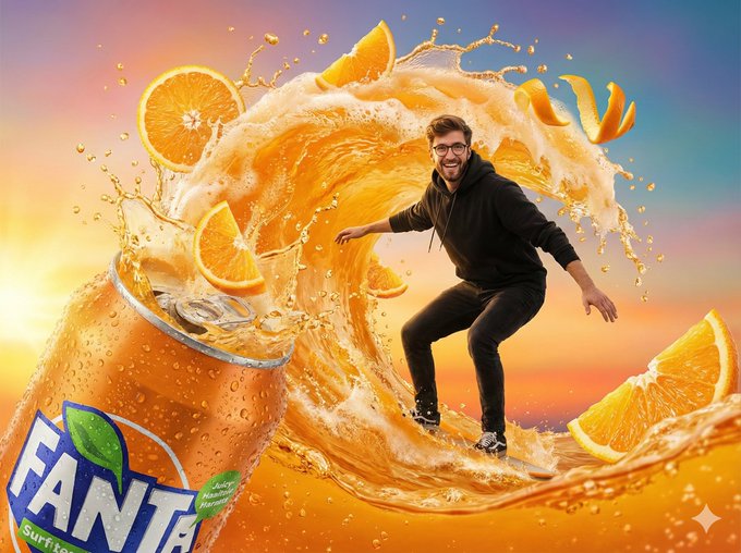 Vibrant Fantasy-style Soda Commercial Where a Playful Young Man Surfs an