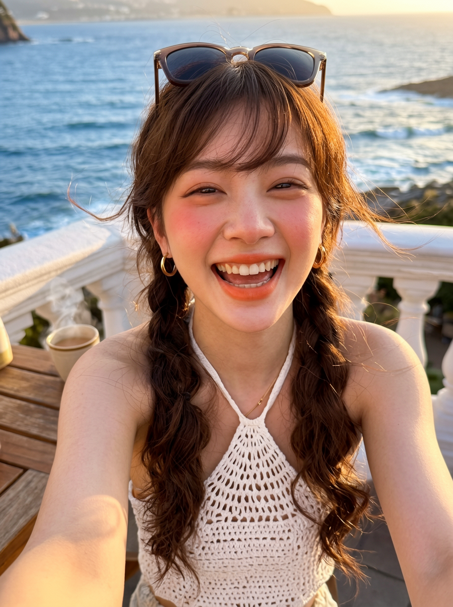 High-Angle Selfie of a Young Woman on a Seaside Balcony