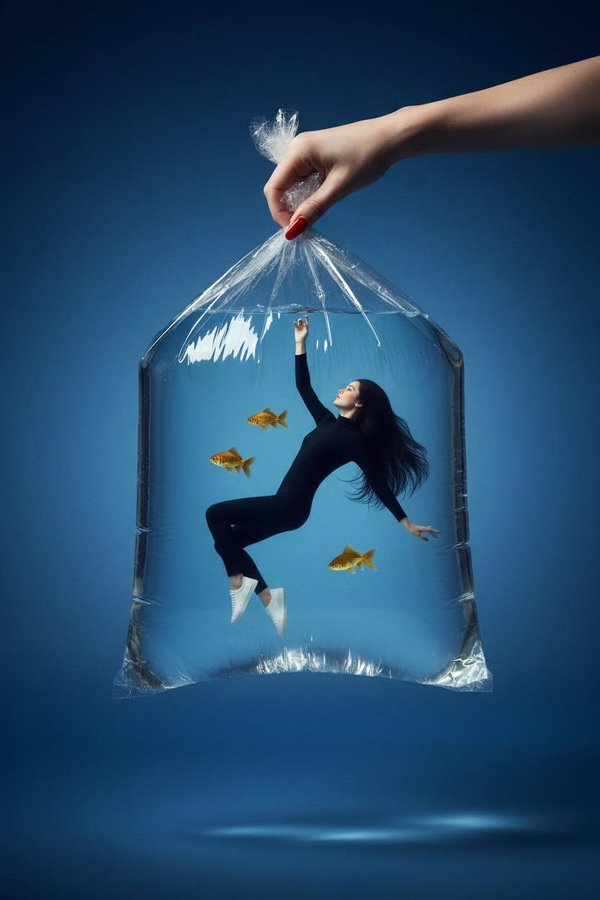High-end Glossy Surreal Fashion Photograph of a Young Woman Floating Inside