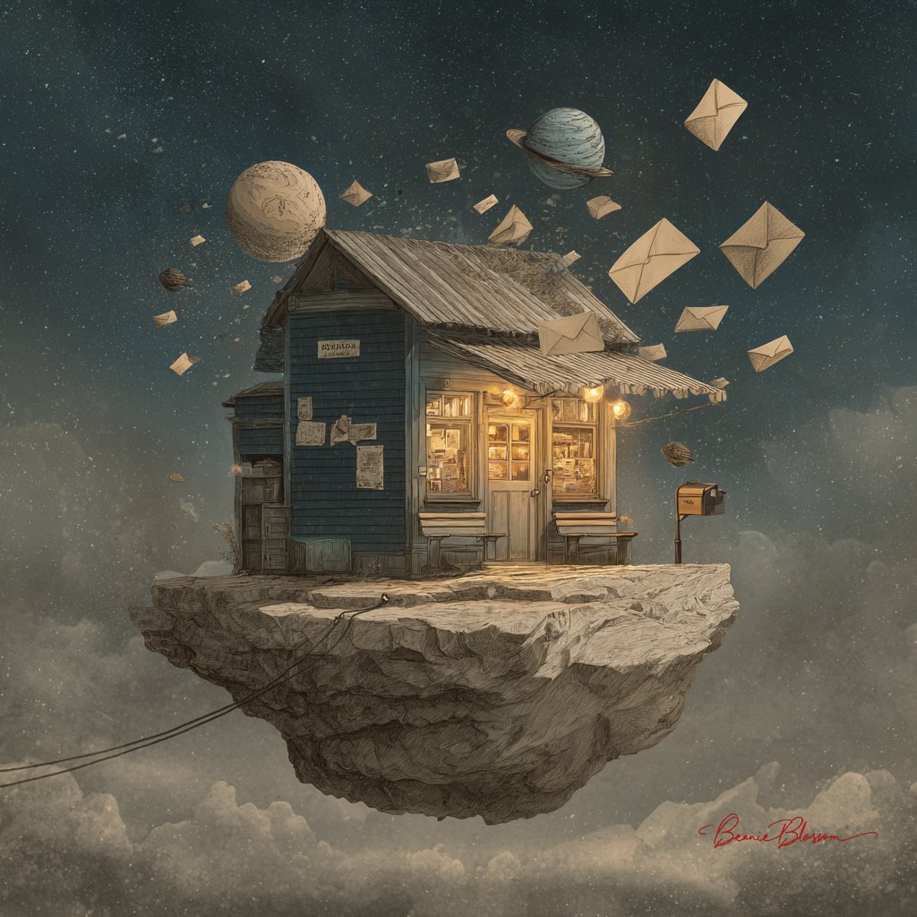 Old-fashioned Postal Shack Floating on a Space Rock
