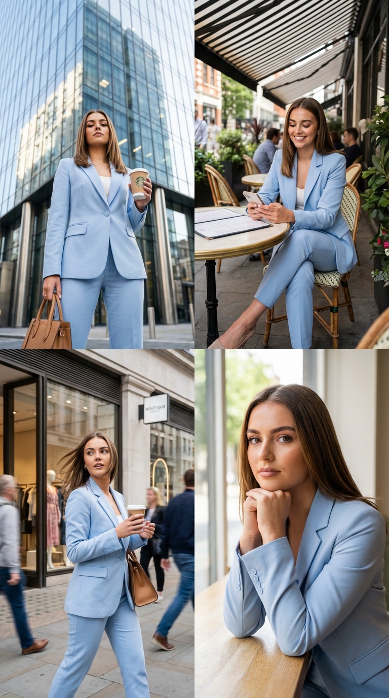 Scene Description a Cohesive 4-panel Fashion Lifestyle Collage Featuring the Same