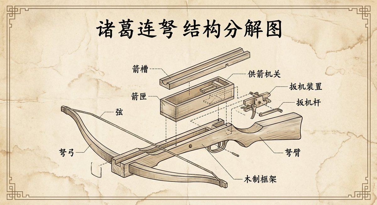 Vintage Engineering Exploded View of Zhuge Crossbows