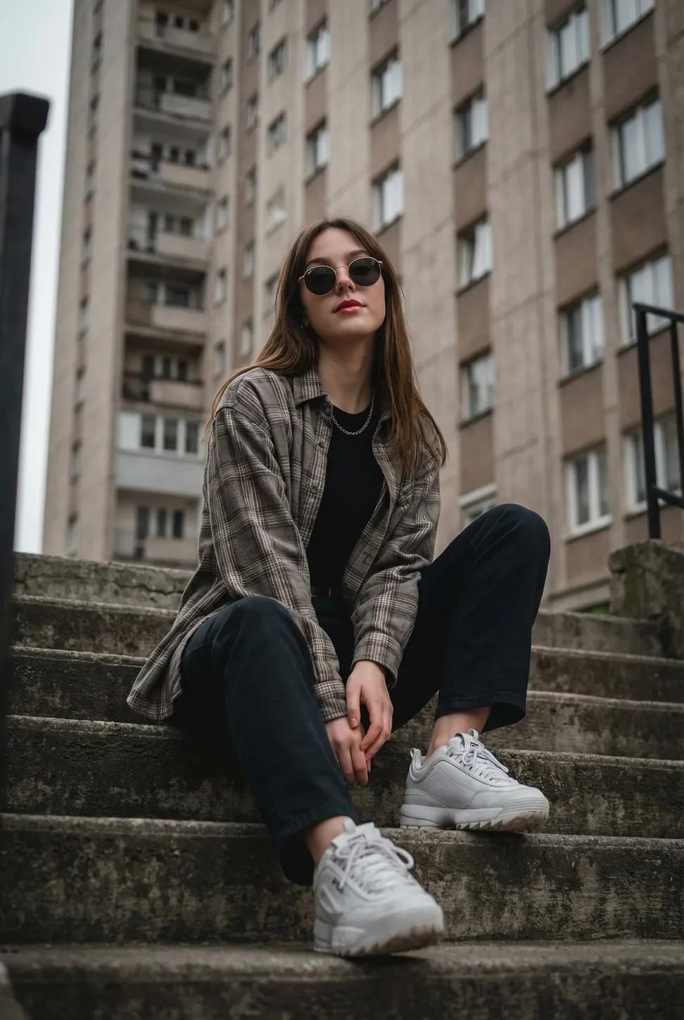 Subject Young Woman Sitting Casually on Outdoor Concrete Stairs Posing with