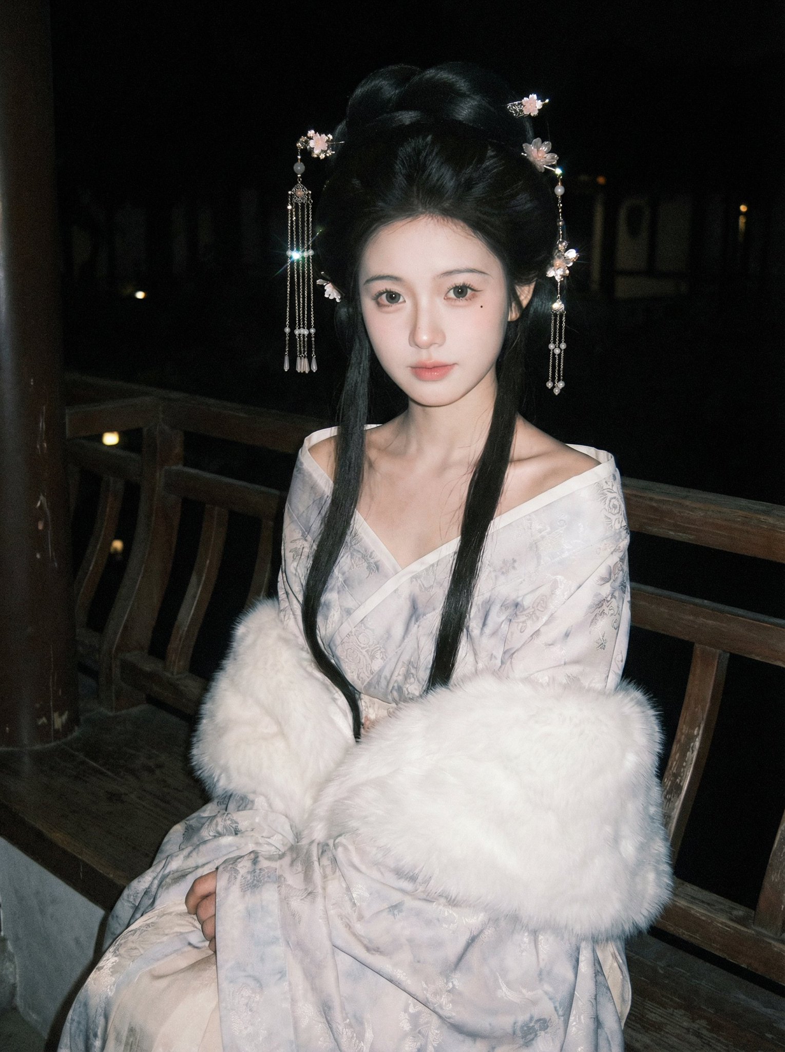 Ancient-Style Wide-Sleeved Robe Garden Night Portrait