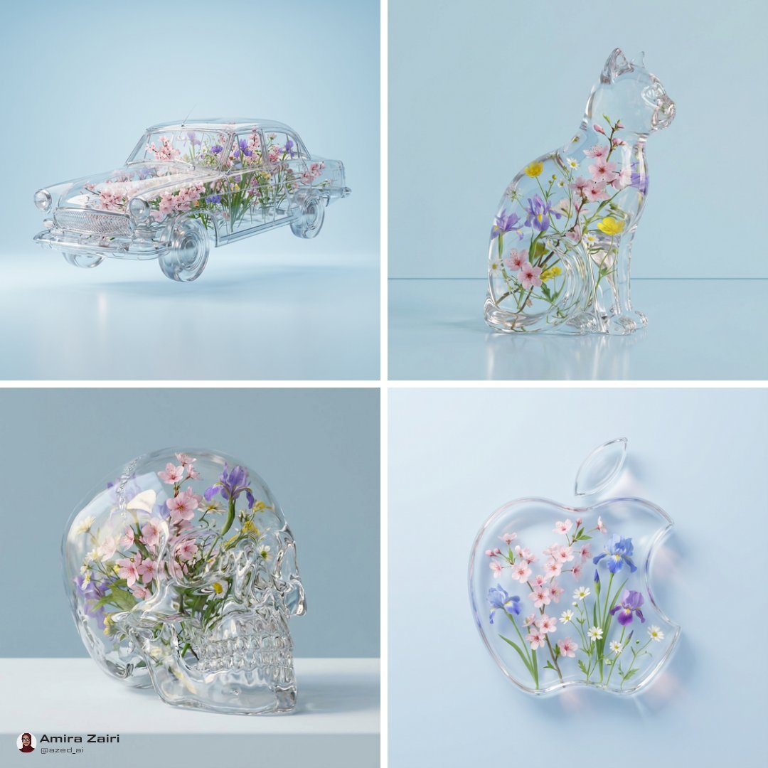 Transparent OBJECT Filled with Delicate Spring Flowers Like Cherry Blossoms Irises