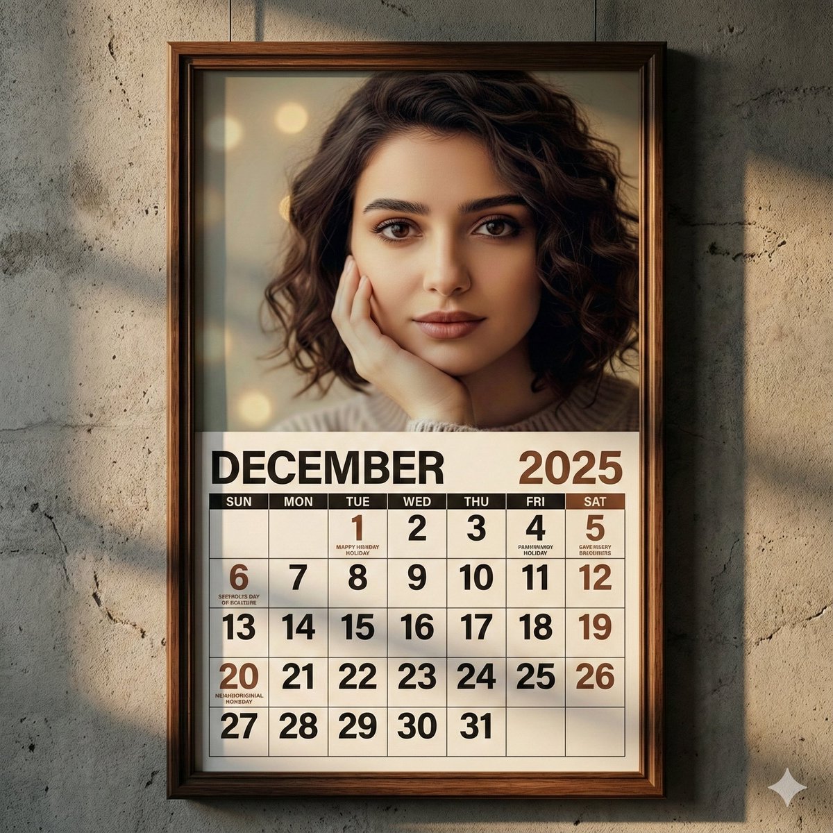 A Realistic Wall Calendar Hanging on a Textured Concrete Wall Framed