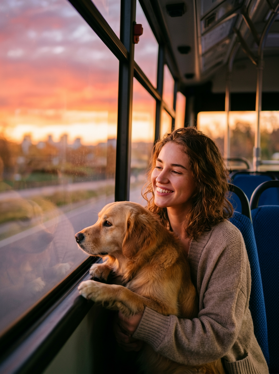Girl & Golden Retriever by Sunset Bus