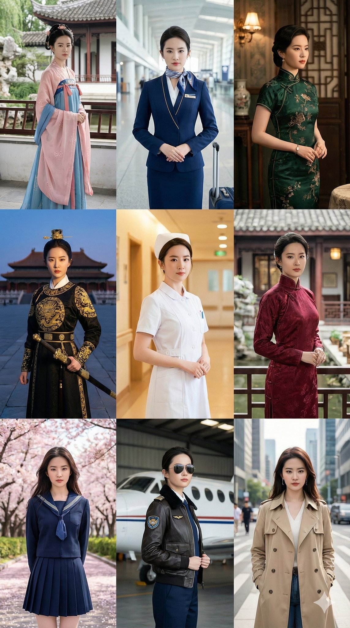 Nine Outfit Styles and Backgrounds for One Character