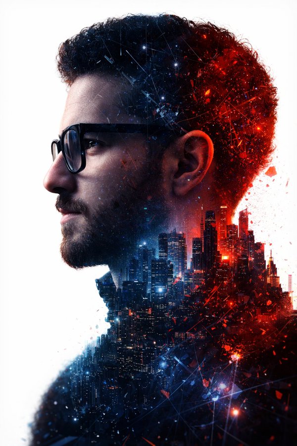 Red Blue Light Future City Double Exposure Youth