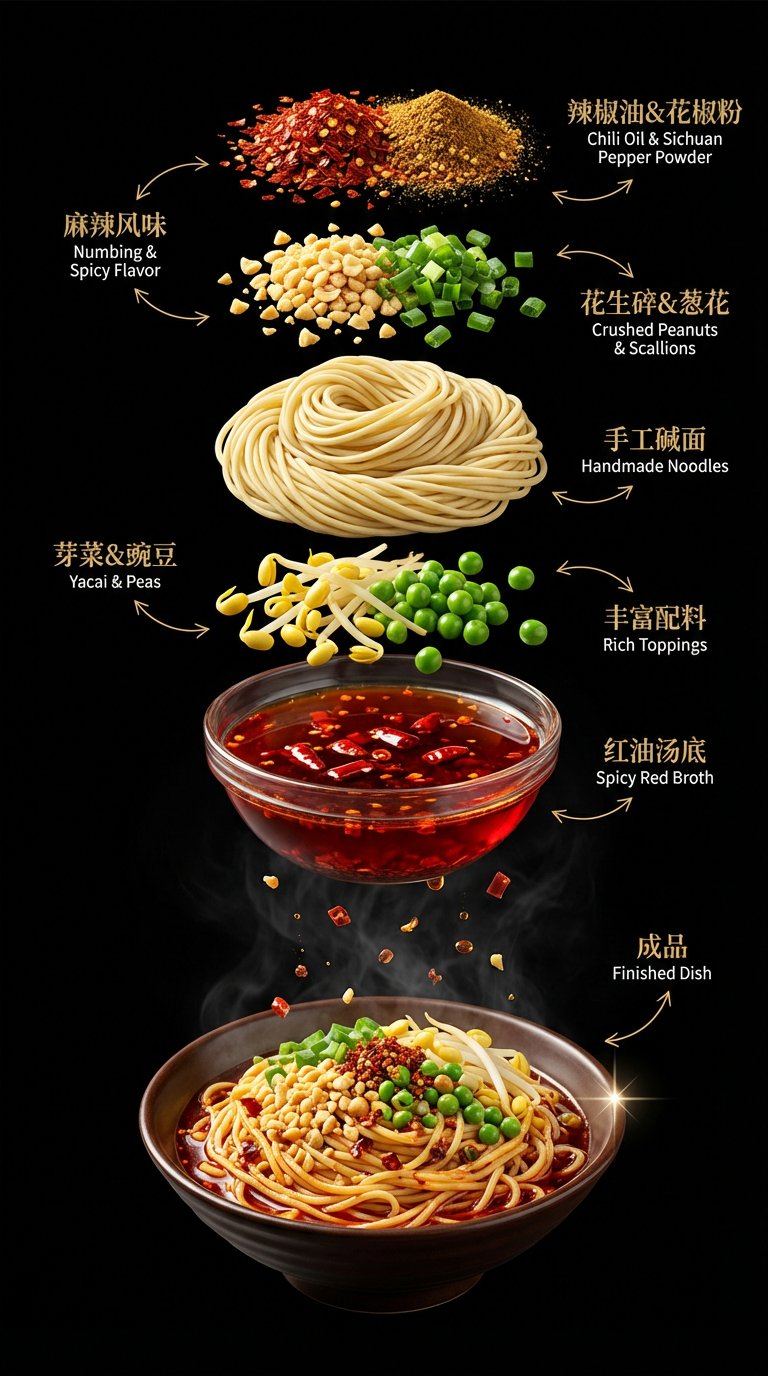 Premium Chinese Noodle Restaurant Food Poster Featuring Deconstructed Layers of Dan
