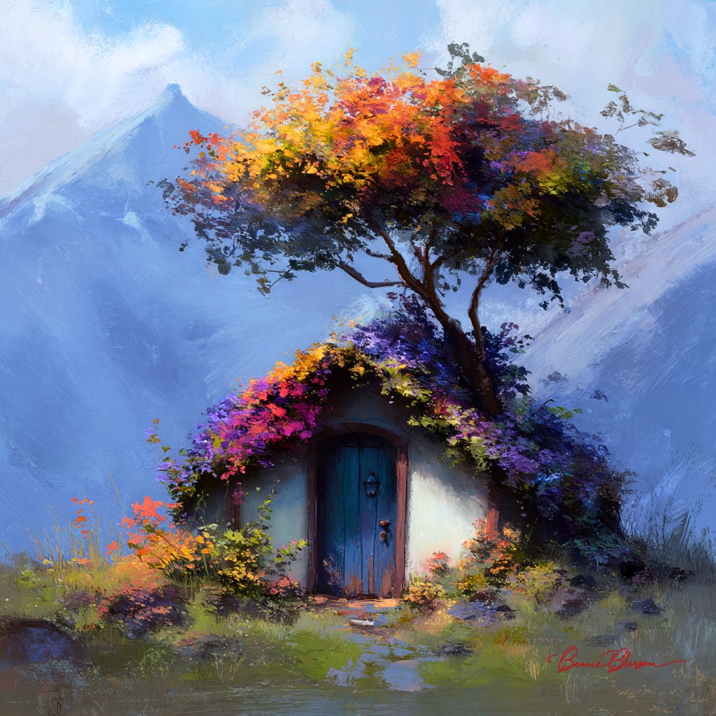 Small House Made of Flowers a Tree with Colorful Leaves Growing