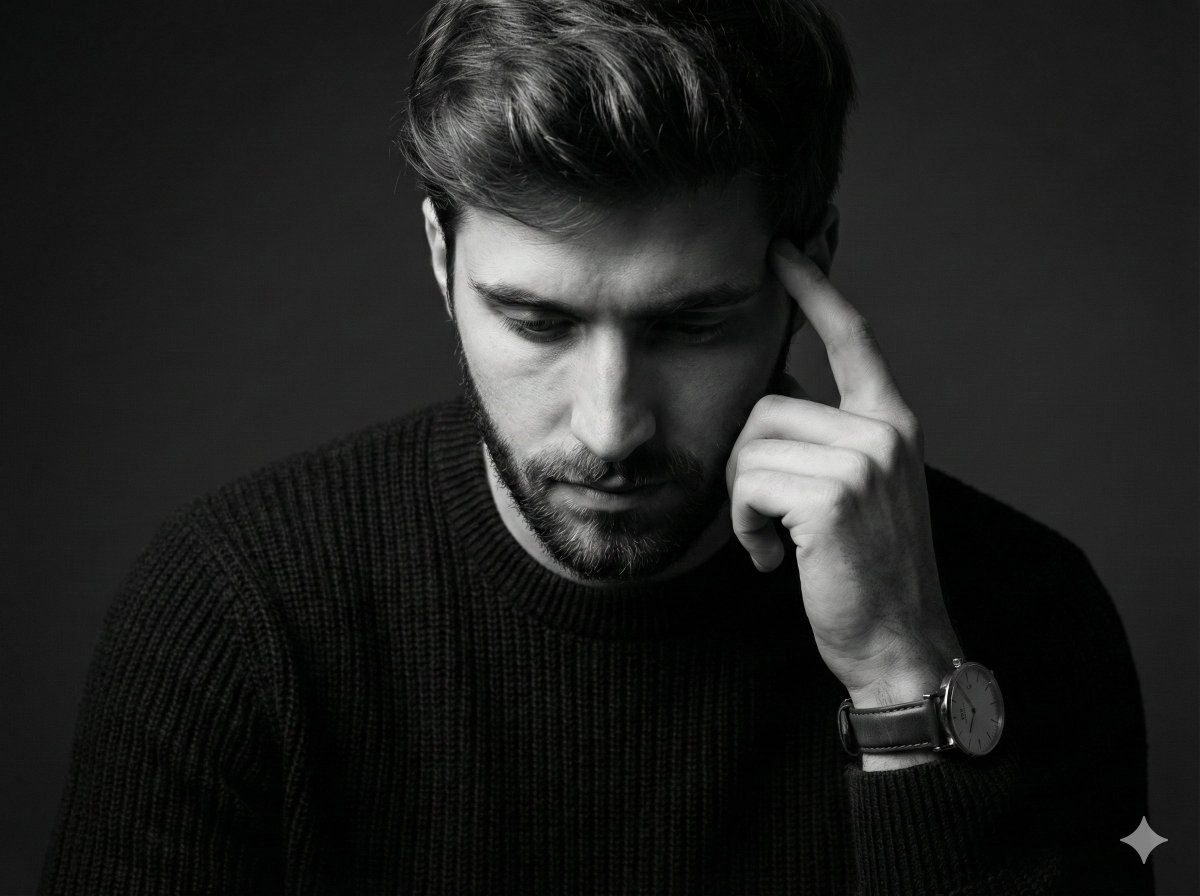 Pensive Man Black White Portrait