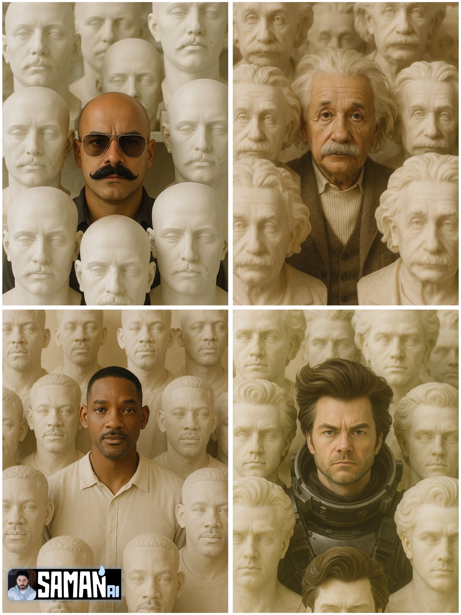 Ultra-real Portrait of CHARACTER Centered Surrounded by Dozens of Life-size Stone